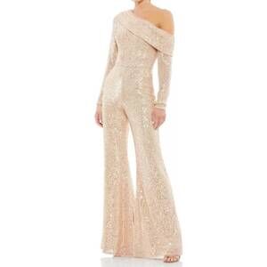 NEW MAC DUGGAL sequined drop shoulder long sleeve jumpsuit in rose gold